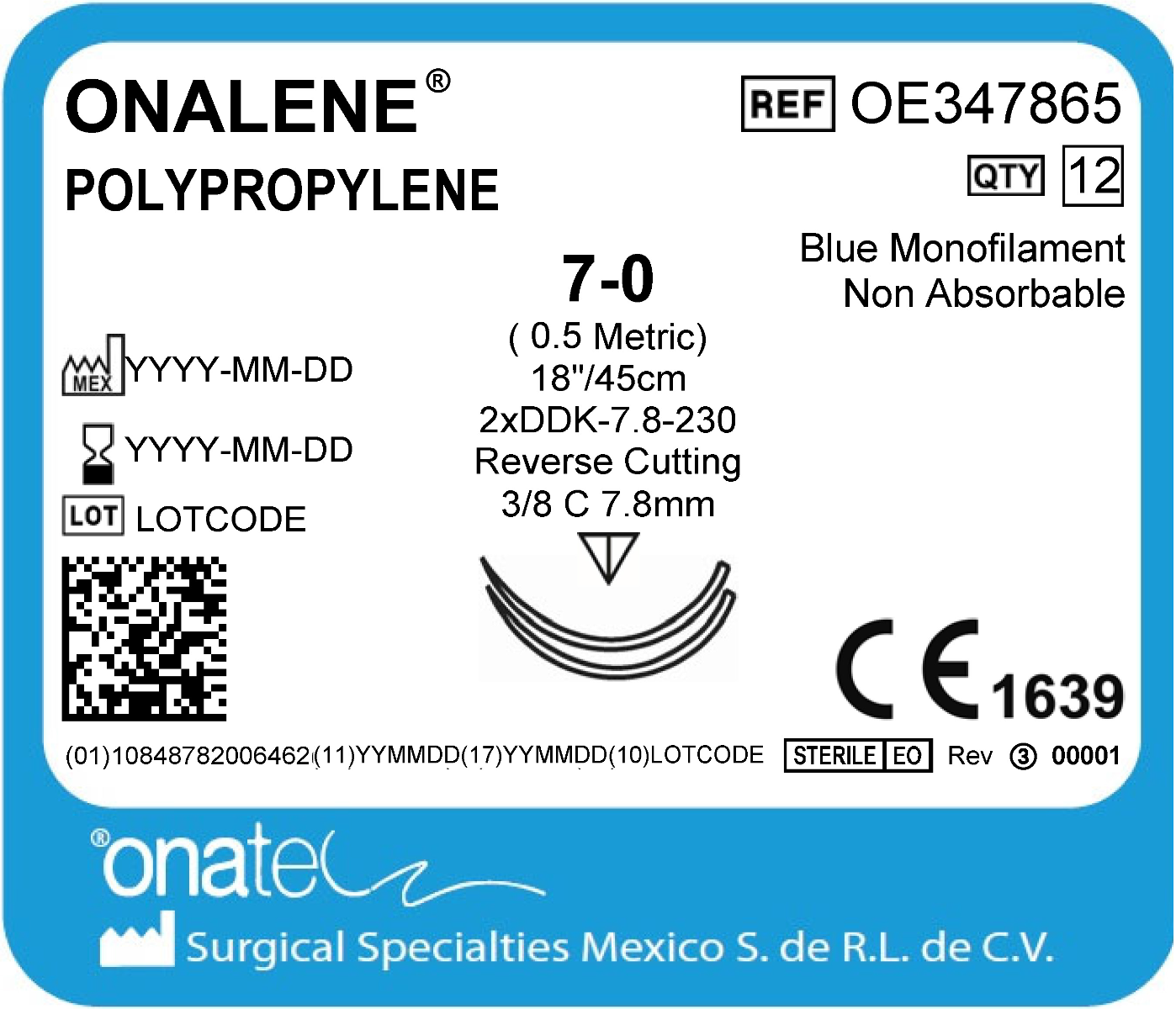 Onalene Polypropylene 7-0 45cm 3/8 Cir2X
