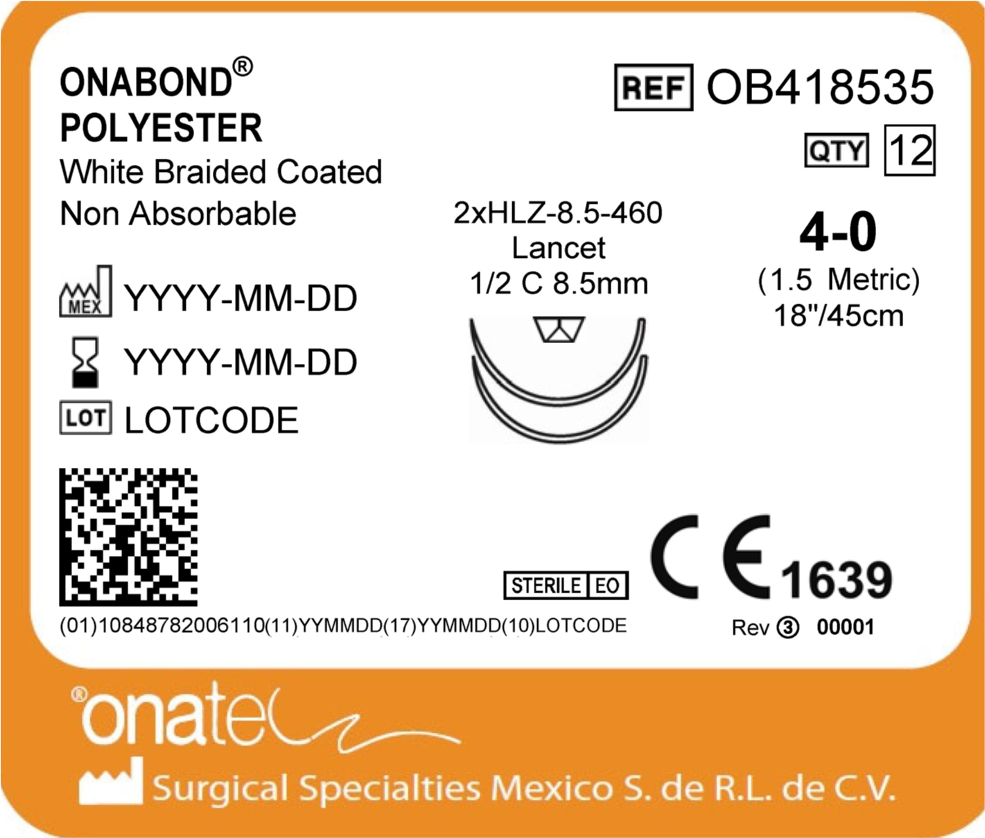 Onabond Polyester 4-0 45cm 1/2 Cir 2X