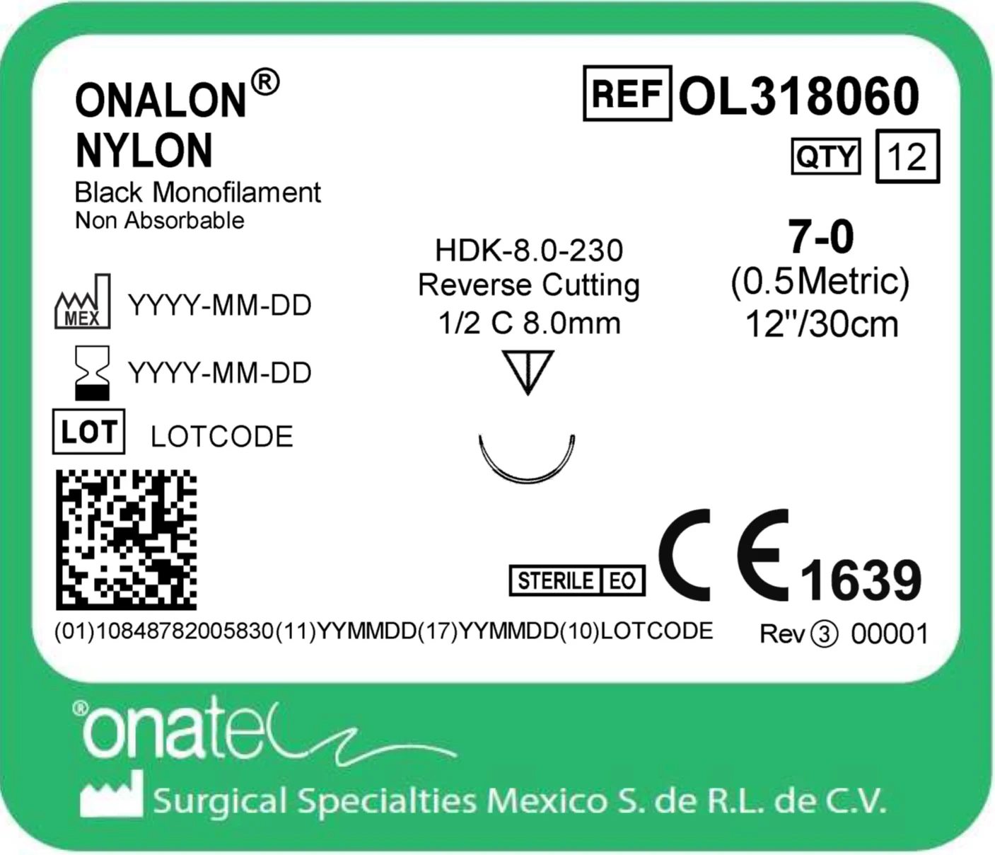 Onalon Nylon 7-0 30cm 1/2 Cir 1X