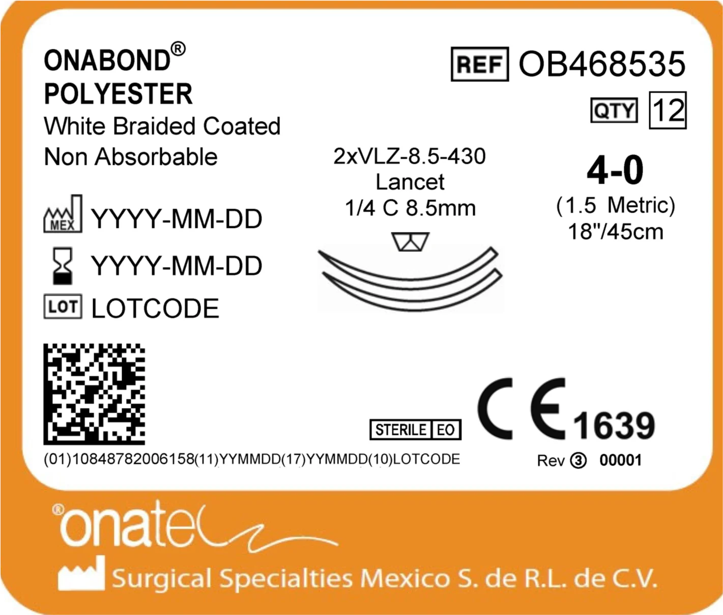 Onabond Polyester 4-0 45cm 1/4 Cir 2X
