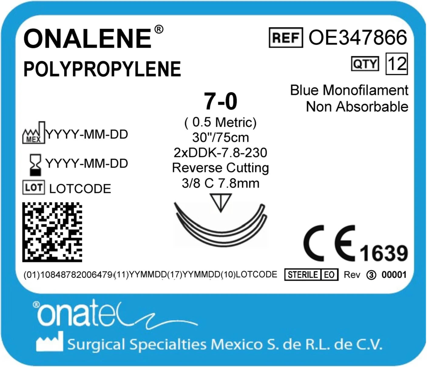 Onalene Polypropylene 7-0 75cm 3/8 Cir2X