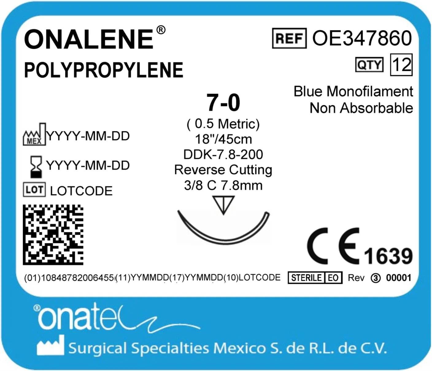 Onalene Polypropylene 7-0 45cm 3/8 Cir1X