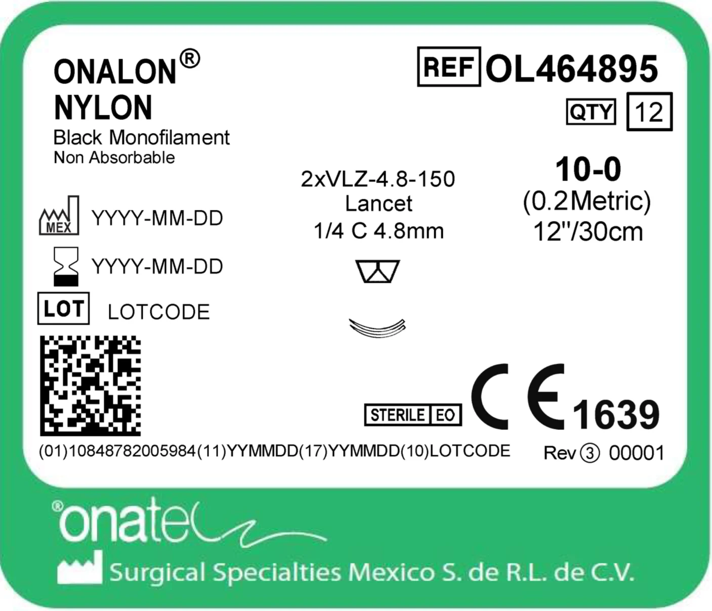 Onalon Nylon 10-0 30cm 1/4 Cir 2X