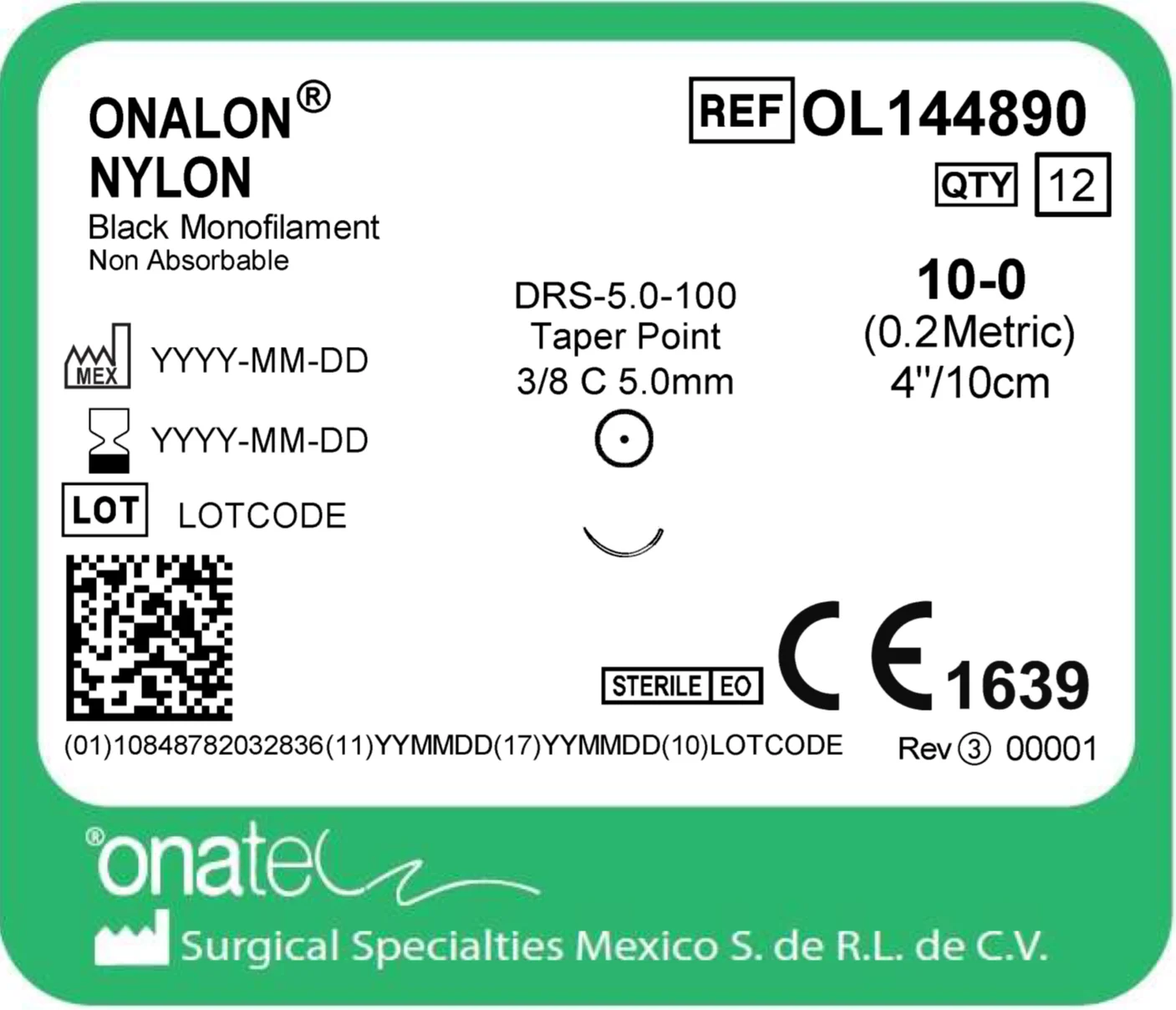 Onalon Nylon 10-0 10cm 3/8 Cir 1X