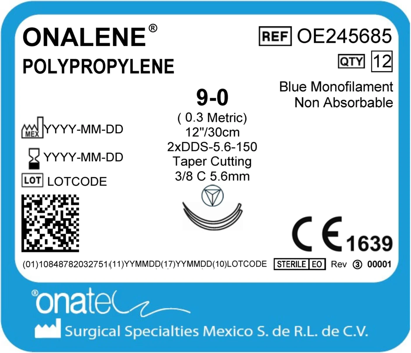 Onalene Polypropylene 9-0 30cm 3/8 Cir2X